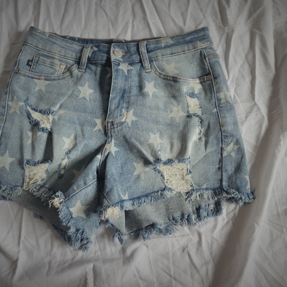 Denim Star-Patterned Frayed Hem Shorts Never Worn